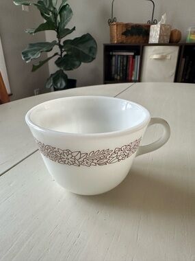 Pyrex White Milk Glass Cup with Brown Floral Band